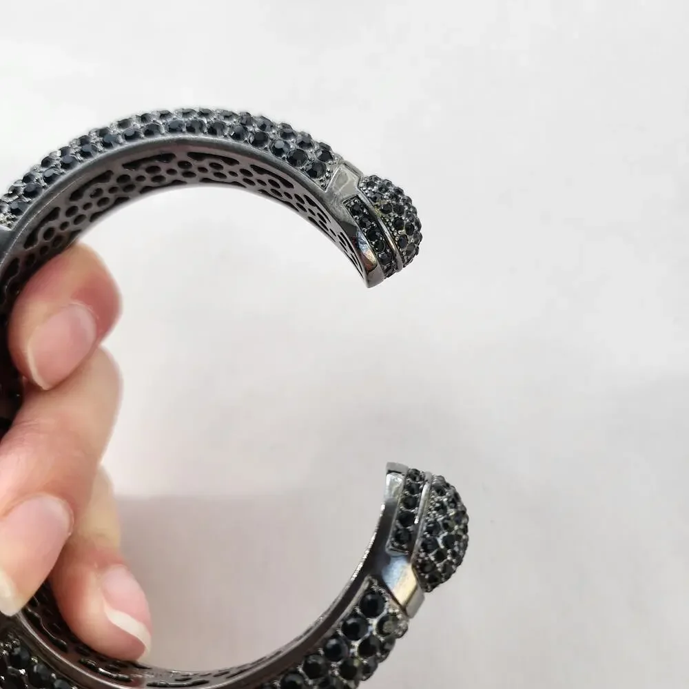 Vintage Joan Boyce Black Rhinestone Gunmetal Clamper Bangle‎ Bracelet Crystals